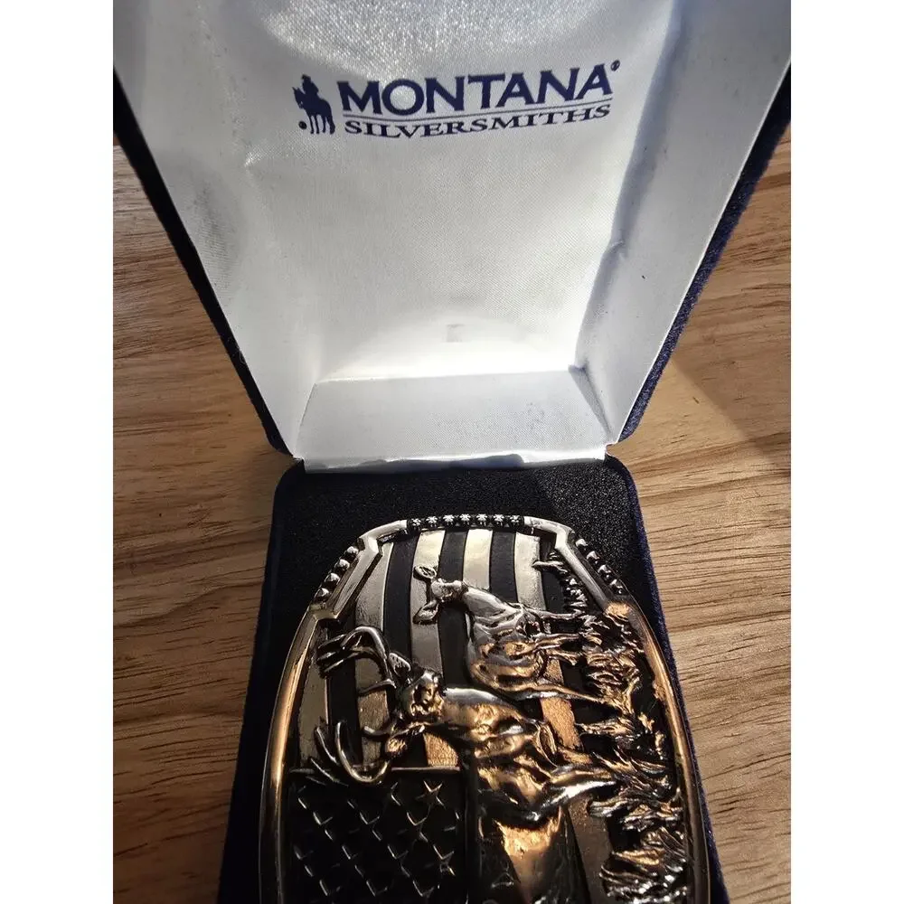 Montana Silversmiths Men's Matched Pair Deer Belt Buckle USA American Flag 4x3”
